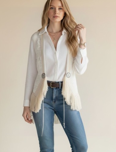 CHALECO BOHO DE ENCAJE CALADO CON BROCHES Y FLECOS BLANCO