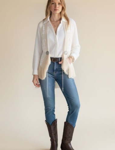 CHALECO BOHO DE ENCAJE CALADO CON BROCHES Y FLECOS BLANCO