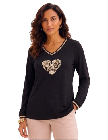 CAMISETA MANGA LARGA ESCOTE EN PICO Y BORDADO CORAZÓN FLORAL NEGRO
