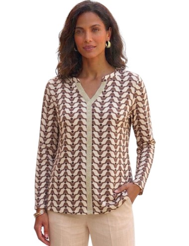 BLUSA MANGA LARGA ESTAMPADO GEOMÉTRICO Y RIBETE DORADO