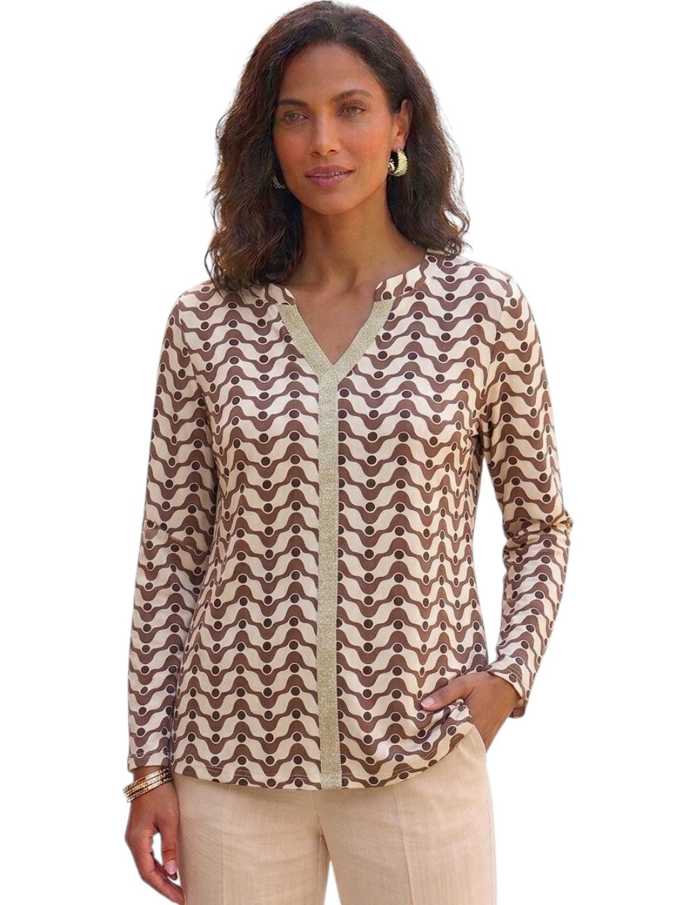 BLUSA MANGA LARGA ESTAMPADO GEOMÉTRICO Y RIBETE DORADO