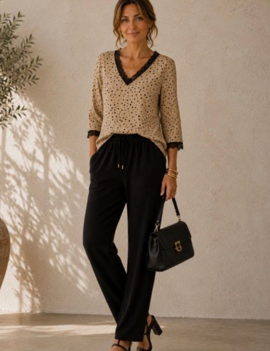 PANTALÓN WIDE LEG CON CINTRUA ELÁSTICA Y CORDÓN AJUSTABLE NEGRO