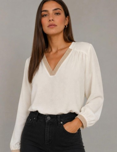 BLUSA FLUIDA ESCOTE EN V CON DETALLE EN CONTRASTE BLANCO