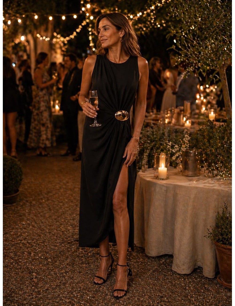 VESTIDO MIDI NEGRO DRAPEADO CON HEBILLA DORADA LATERAL