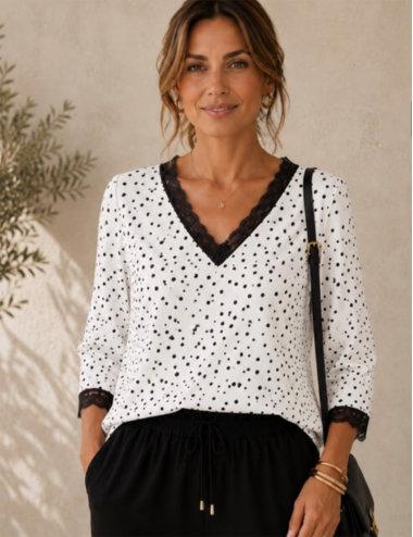 BLUSA CUELLO PICO ESTAMPADO TOPOS PUNTILLAS BLANCA