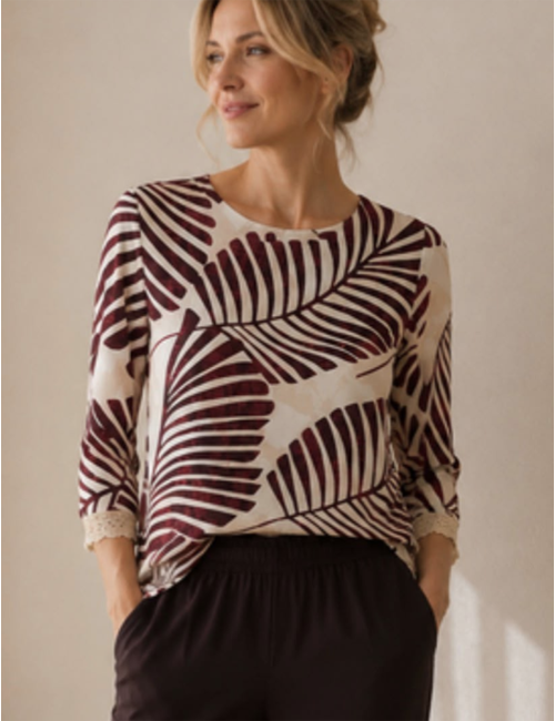 BLUSA ESTAMPADO HOJAS PUNTILLA BURDEOS