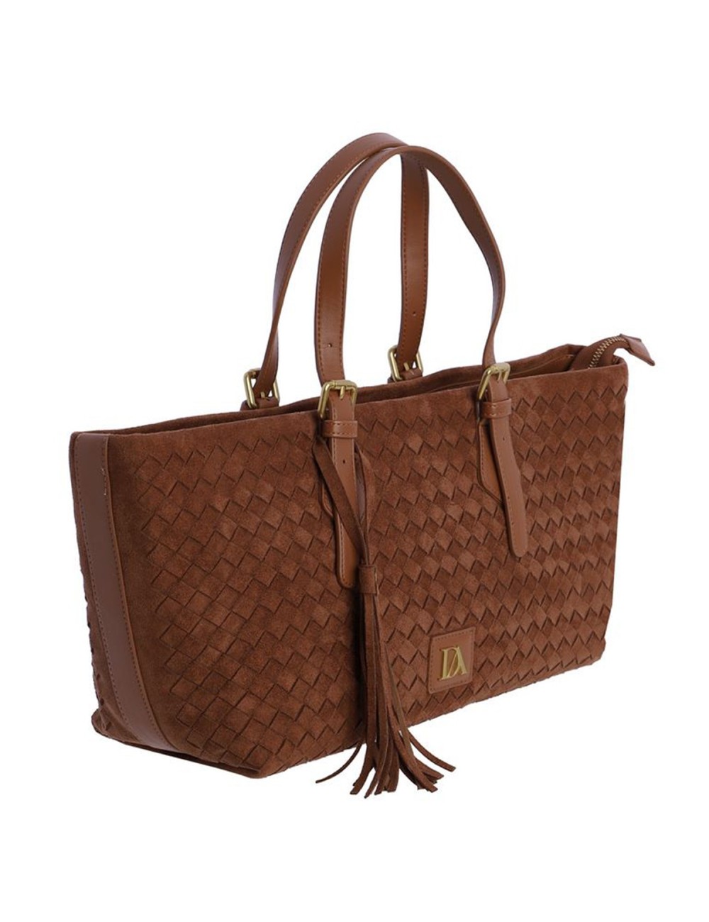 BOLSO SHOPPER TRENZADO CON BORLA LATERAL CAMEL