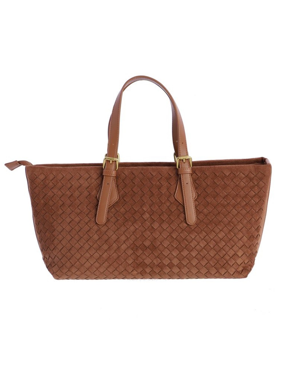 BOLSO SHOPPER TRENZADO CON BORLA LATERAL CAMEL