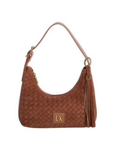 BOLSO HOMBRO TRENZADO MEDIA LUNA CON BORLA LATERAL CAMEL