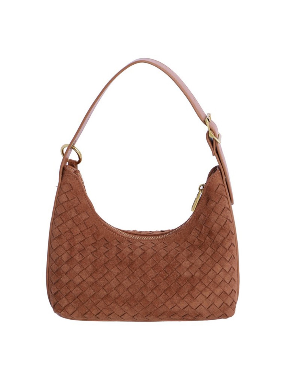 BOLSO HOMBRO TRENZADO MEDIA LUNA CON BORLA LATERAL CAMEL