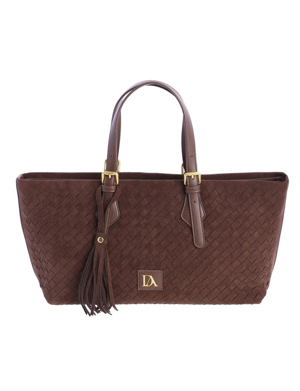 BOLSO SHOPPER TRENZADO CON BORLA LATERAL MARRÓN