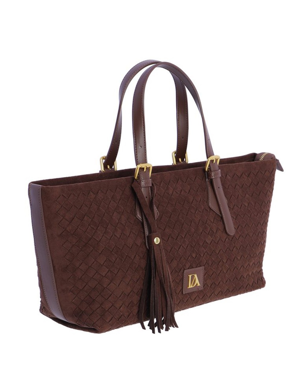 BOLSO SHOPPER TRENZADO CON BORLA LATERAL MARRÓN