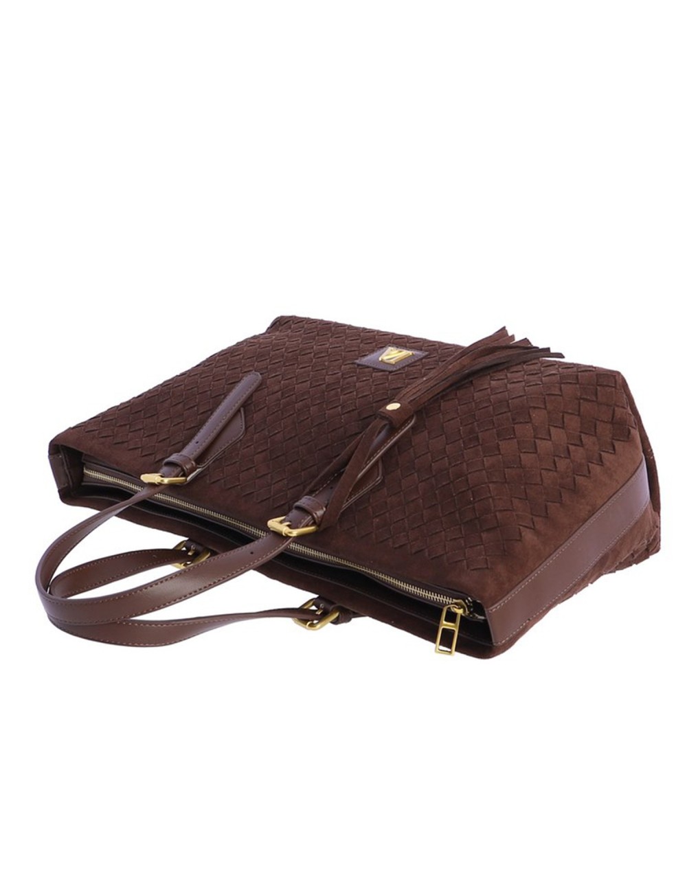 BOLSO SHOPPER TRENZADO CON BORLA LATERAL MARRÓN