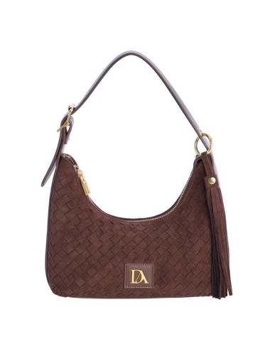 BOLSO HOMBRO TRENZADO MEDIA LUNA CON BORLA LATERAL MARRÓN