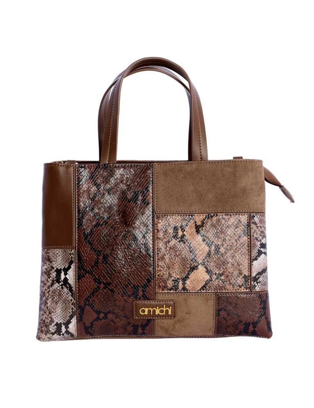 BOLSO DE MANO PATCHWORK MULTITEXTURA MARRÓN