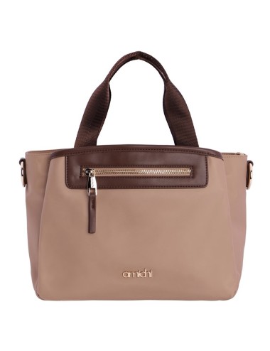 BOLSO MANO COMBINADO NYLON CON POLIPIEL BEIGE Y MARRÓN