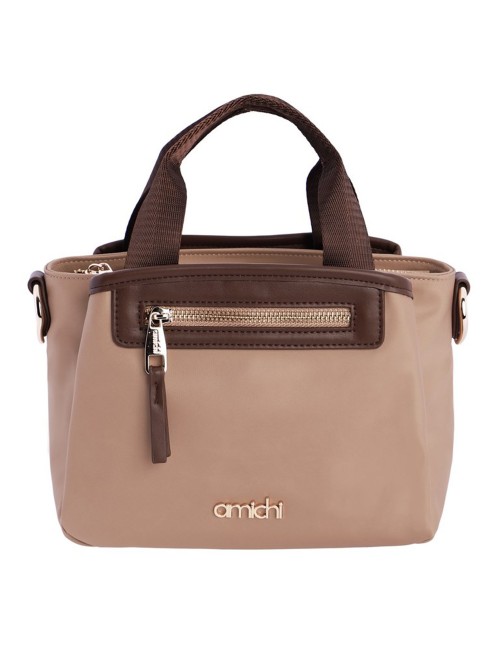 MINI BOLSO COMBINADO NYLON CON POLIPIEL BEIGE Y MARRÓN
