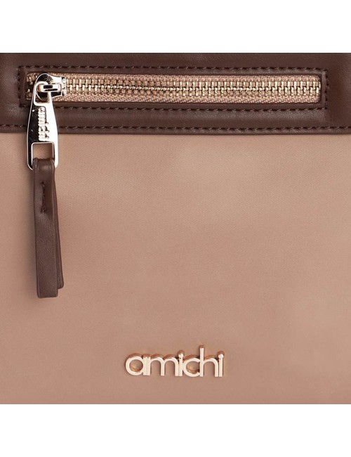 MINI BOLSO COMBINADO NYLON CON POLIPIEL BEIGE Y MARRÓN