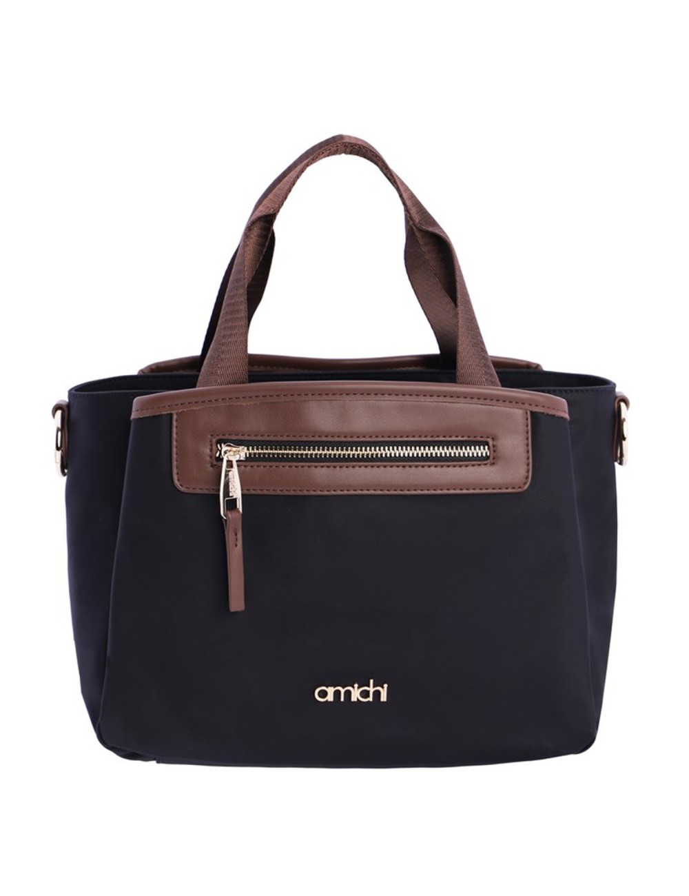 BOLSO MANO COMBINADO NYLON CON POLIPIEL AZUL MARINO Y MARRÓN