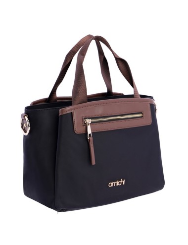 BOLSO MANO COMBINADO NYLON CON POLIPIEL AZUL MARINO Y MARRÓN