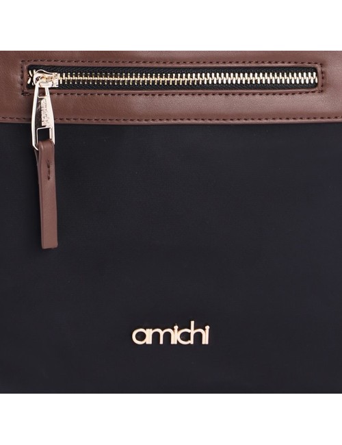BOLSO MANO COMBINADO NYLON CON POLIPIEL AZUL MARINO Y MARRÓN