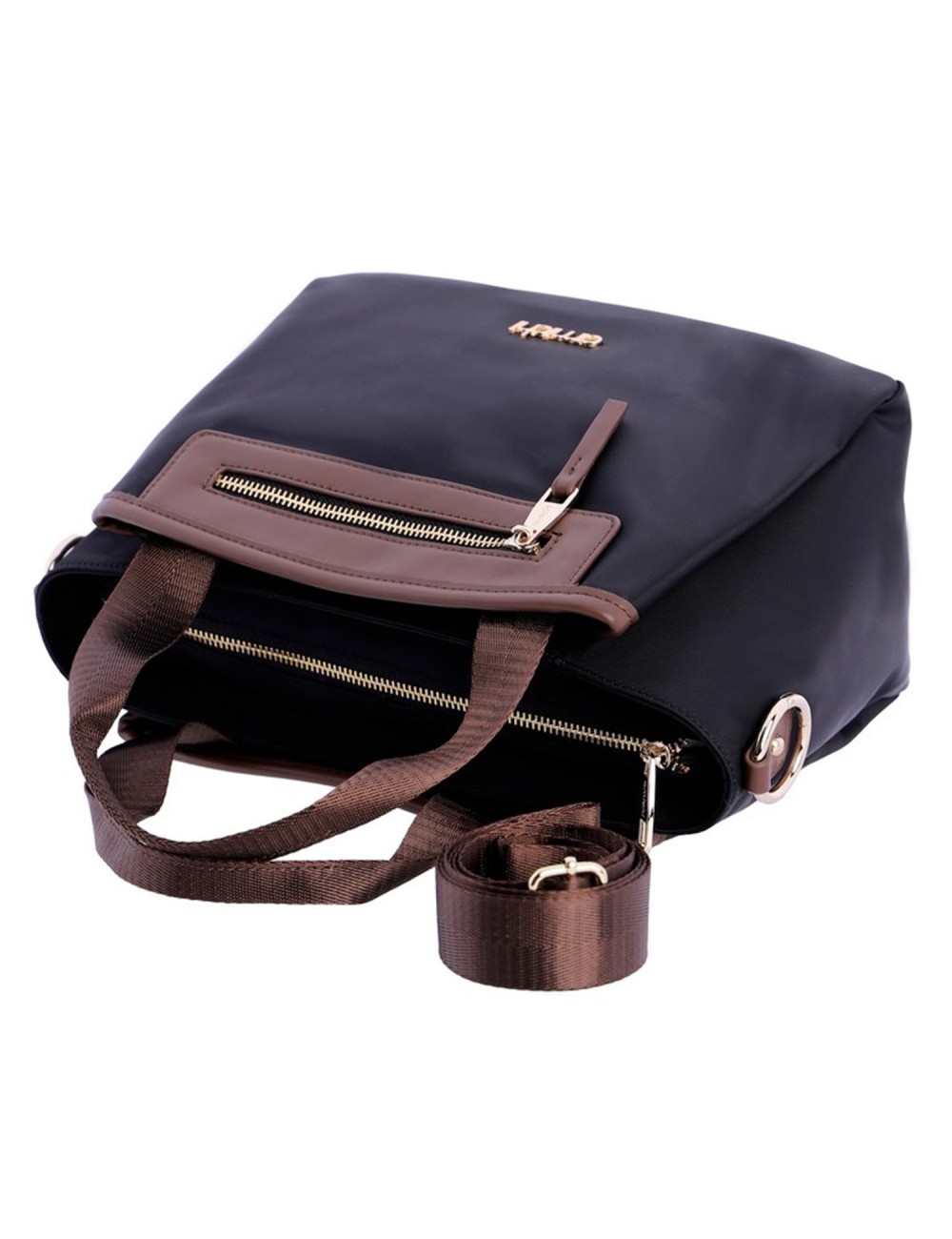 BOLSO MANO COMBINADO NYLON CON POLIPIEL AZUL MARINO Y MARRÓN