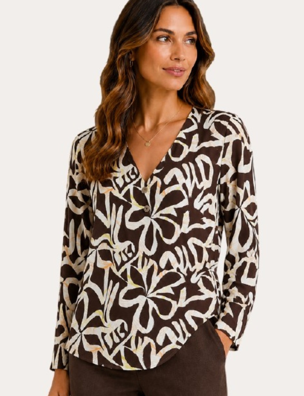BLUSA CUELLO PICO ESTAMPADO FLOR MARRÓN