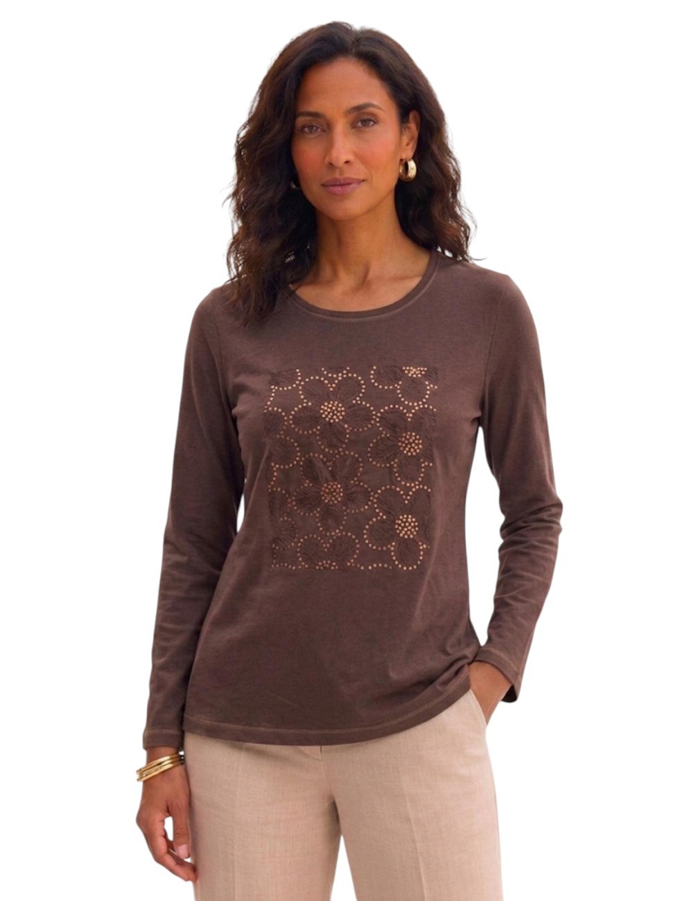 CAMISETA FLORES LENTEJUELAS MARRÓN