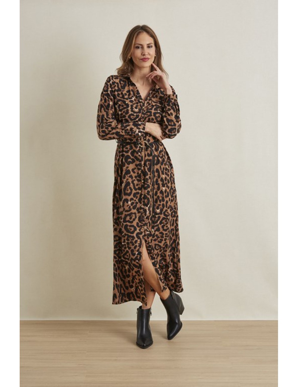 VESTIDO CAMISERO MIDI ANIMAL PRINT CON CINTURÓN
