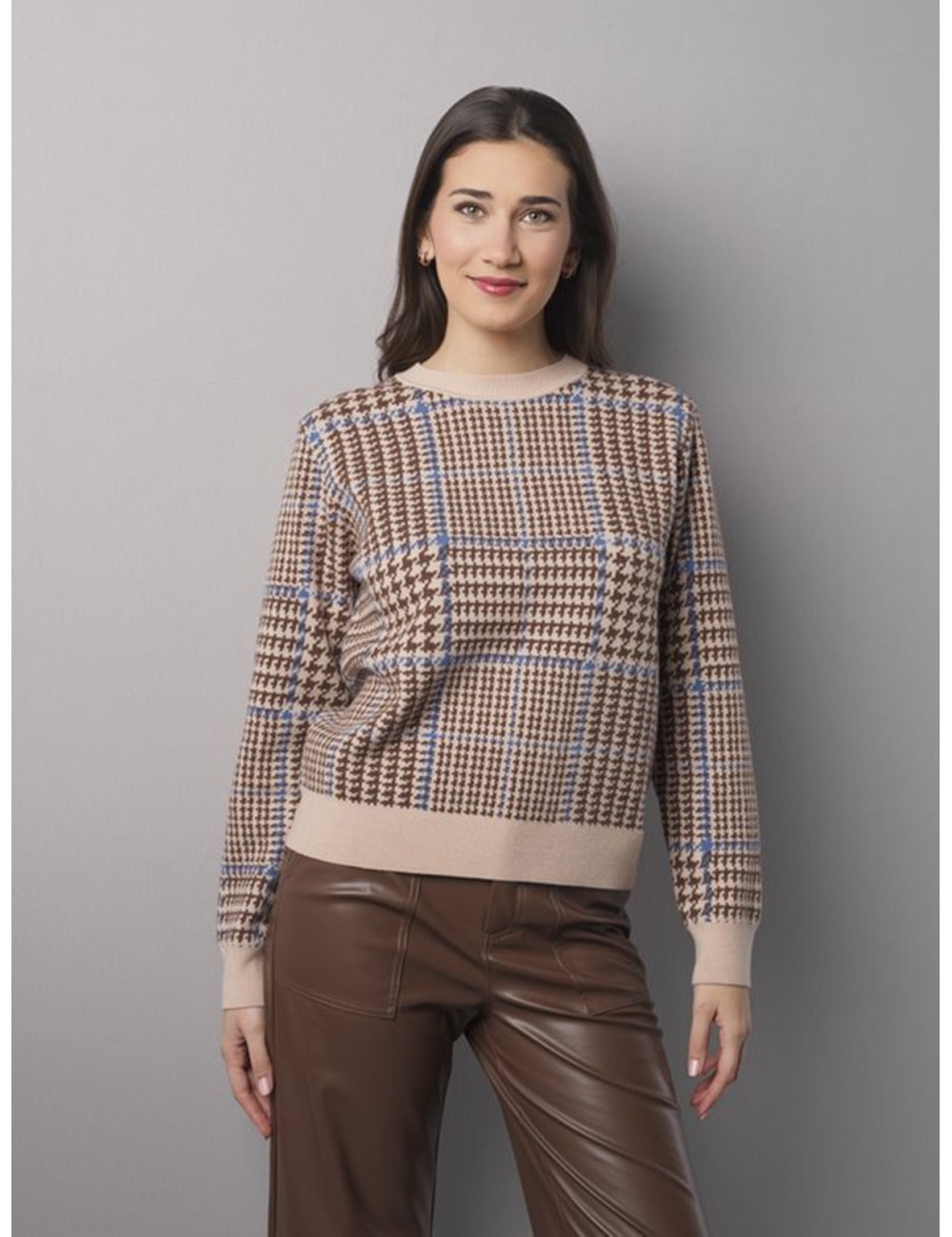 JERSEY DE PUNTO JACQUARD CON ESTAMPADO PATA DE GALLO Y CUADROS BEIGE