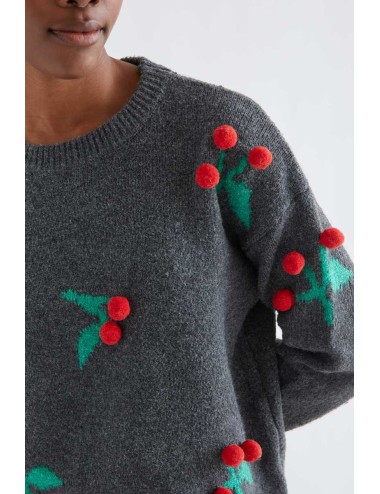 JERSEY GRIS CON POMPONES DE GUINDAS ROJAS